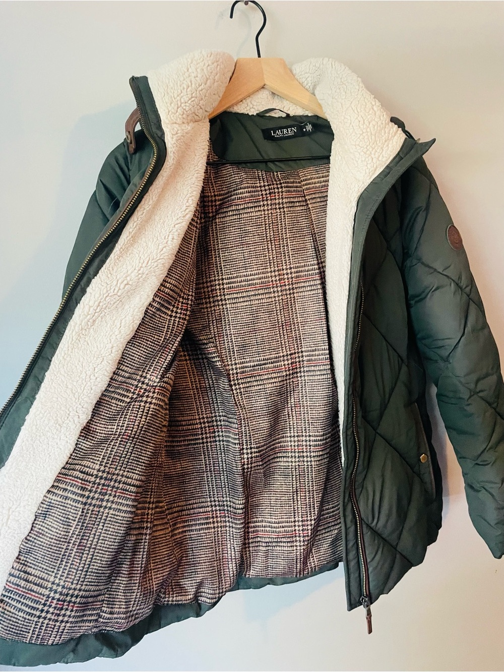 Lauren Ralph Lauren Olive Quilted Puffer Jacket with Cream Sherpa Hood - Picture 5 of 7